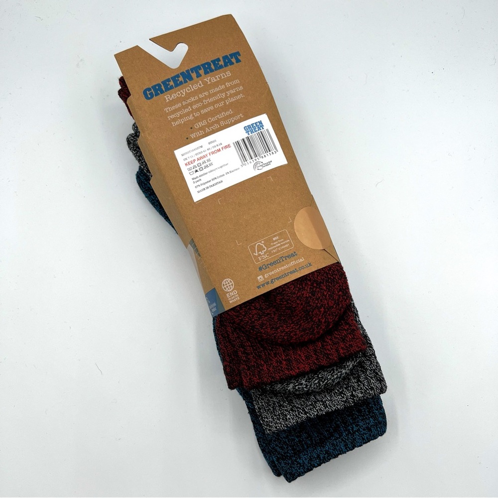 Green Treat Recycled Yarns Blue Grey Red 3 Pairs Outdoor Socks Men’s 8-12 - Picture 5 of 6